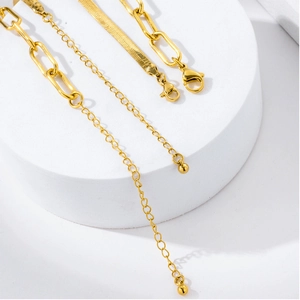 18K gold plated paperclip and flat snake chain necklace set with adjustable extender link