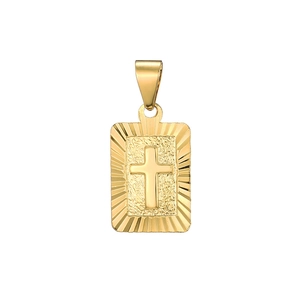18K Gold Plated Copper Cross Pendant Necklace Rectangular Plate Religious Sunburst Engraved Jewelry For Men Women