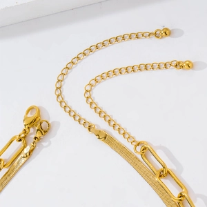 18K gold plated herringbone snake chain and paperclip link necklace set with extension