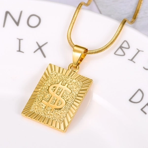 18K gold plated rectangular pendant necklace with dollar sign and snake chain