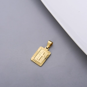 18K gold plated rectangular cross pendant with radiant engraved lines for men and women