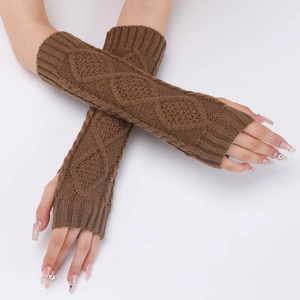 Braune langgestrickte fingerlose Handschuhe mit modischem Rauten-Zopfstrickmuster