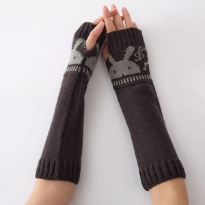 Detailed knit texture and cute rabbit pattern on brown fingerless arm warmer gloves
