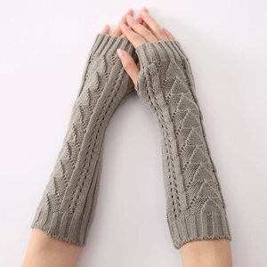 Manchettes en Tricot d'Acrylique Mitaines Avec Trou pour le Pouce Motif Géométrique Ajouré Longues Moufles Chaudes d'Hiver