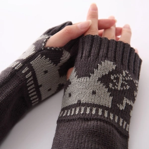 Winter knitted fingerless gloves with rabbit jacquard pattern in dark brown and grey