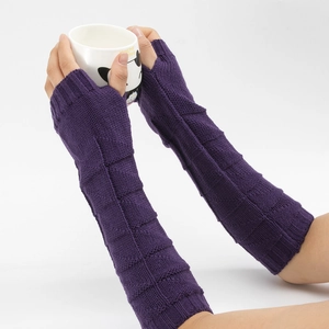 Deep purple knitted long fingerless gloves with square textured pattern and wrist arm warmers