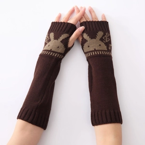 Brown knitted fingerless gloves with rabbit jacquard pattern and thumb hole