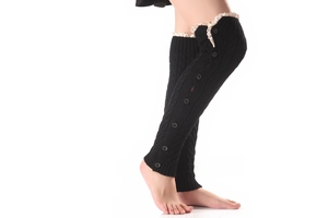 Detailed texture of black knit leg warmers with white lace trim and black decorative buttons