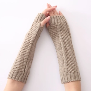 Unisex Knitted Long Fingerless Gloves Winter Warm Acrylic Arm Warmers With Thumb Hole Solid Color Fishbone Pattern Sleeve