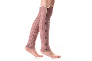 Detail of pink cable knit leg warmers with vintage buttons and white lace trim edge