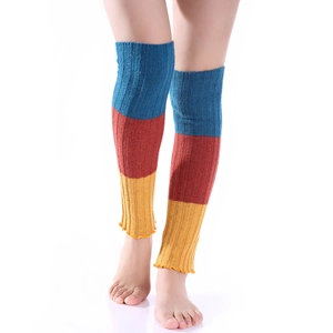 Detailed knit texture of tricolor leg warmers in blue, red and yellow stripes
