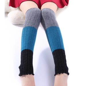 Women Three Color Patchwork Ribbed Knit Leg Warmers Over The Knee Winter Warm Boot Cuffs Thigh High Fashion Leg Socks