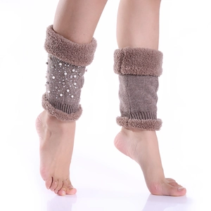 Winter knitted leg warmers with faux fur trim and pearl beads decoration in coffee brown