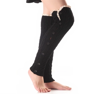 Black cable knit leg warmers with vintage buttons and delicate beige lace trim for women