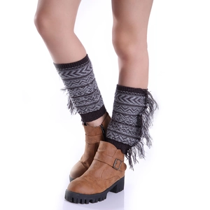 Knitted bohemian leg warmers with mixed geometric patterns and side fringe tassels