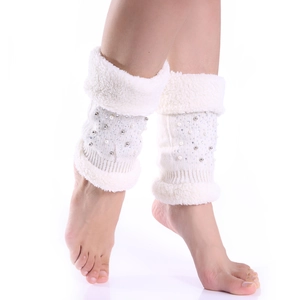 Women's Winter Knit Leg Warmers With Artificial Pearl Rhinestone Accents Faux Fur Trim Warm Acrylic Cashmere Blend Boot Cuffs Socks