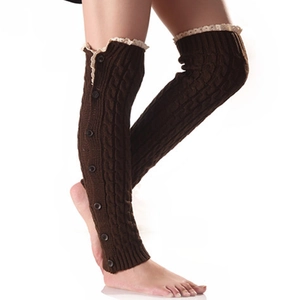 Brown cable knit leg warmers with cream lace trim and buttons for winter fashion