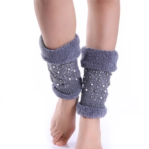Winter grey knit leg warmers with pearls and fleece lining for women boots