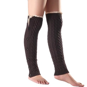 Brown cable knit leg warmers with buttons and white lace trim for women winter boots