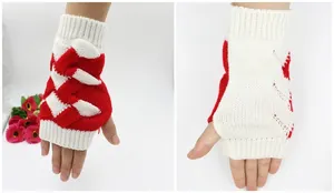 Detailed front and back views of red and white cable knit fingerless winter gloves