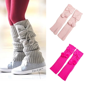 Kids Girls Knitted Leg Warmers Bowknot Pom Pom Ribbed Warm Boot Cuffs Fall Winter Leg Sleeves For Children
