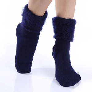Detail of navy blue winter thermal sock with thick faux fur trim and ribbed knit texture