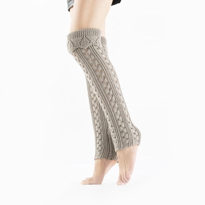 Knitted leg warmers for women featuring openwork mesh design in oatmeal color