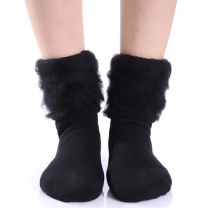 Close-up of winter thermal socks featuring thick faux fur trim and warm knit texture