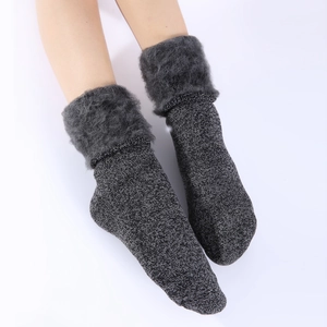 Winter thermal thick knit socks with dark gray snowflake pattern and plush cuffs