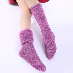 Winter Thermal Faux Fur Trim Socks For Men Women Thickened Cotton Blend Knit Mid-Tube Warm Floor Socks Solid Color Heathered Socks