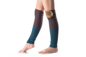 Knit leg warmers in burgundy and teal featuring brown pom-pom details and ribbed texture