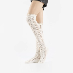 Detail showing white crochet lace hollow pattern and floral knit texture of leg warmer
