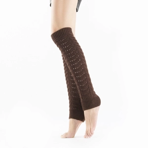 Knit leg warmers in dark coffee with hollow wave pattern and ribbed cuffs for women
