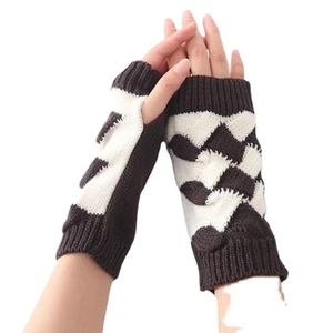Knit fingerless gloves with brown and white checkerboard pattern for winter warmth