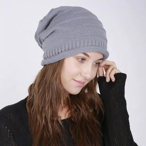 Detail of grey ribbed knit beanie showing textured horizontal stripes and rolled edge