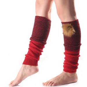 Women's knit leg warmers with faux fur balls in bicolor red and black stylish design