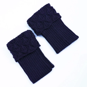 Detailed knit texture of plum purple leg warmers with hollow diamond lace patterns