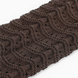 Brown knitted leg warmers featuring wave pattern crochet texture and elastic thick material