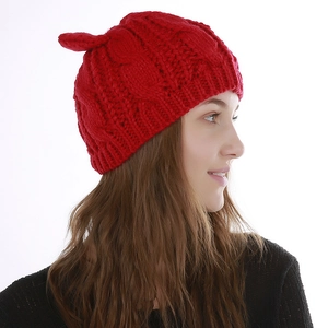 Chic red knit beanie for women with cute cat ear design and thick warm jacquard pattern