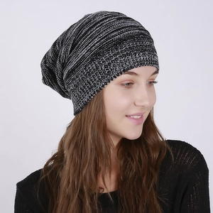 Close-up of black and white melange knit texture on a slouchy winter beanie hat
