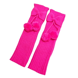 Magenta knit leg warmers for girls with cute bows and soft hanging pom-poms