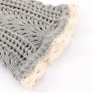 Detail of grey knitted leg warmer featuring intricate mesh pattern and white lace trim