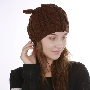 Winter knitted warm cat ear hat in coffee brown with twisted cable pattern for women
