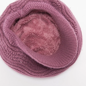 Purple knitted peak cap with thick fleece lining for warmth and windproof winter style