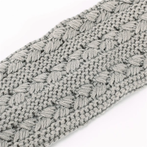 Grey chunky knit hollow mesh leg warmers with floral lace pattern for women