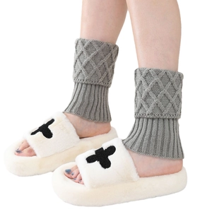 Women knit leg warmers with diamond pattern and plush slippers in soft beige and grey