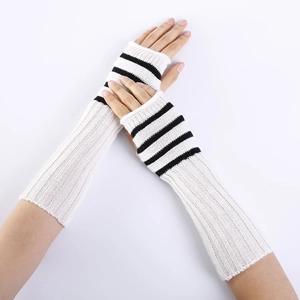 Striped knit fingerless gloves with black and white arm warmers in a stylish design