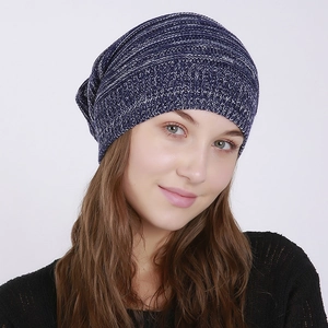 Close-up of the knit texture and slouchy design of this dark blue mixed color beanie hat