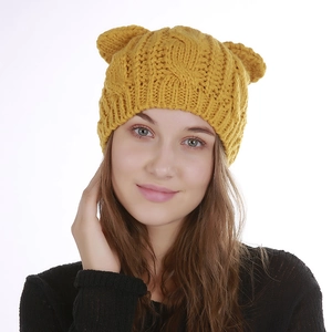 Women Cute Cat Ear Cable Knit Beanie Hat Winter Warm Acrylic Crochet Skull Cap Fashion Chunky Braided Hat For Ladies