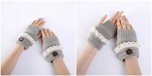 Close-up of grey knit fingerless gloves featuring lace trim and vintage wooden buttons